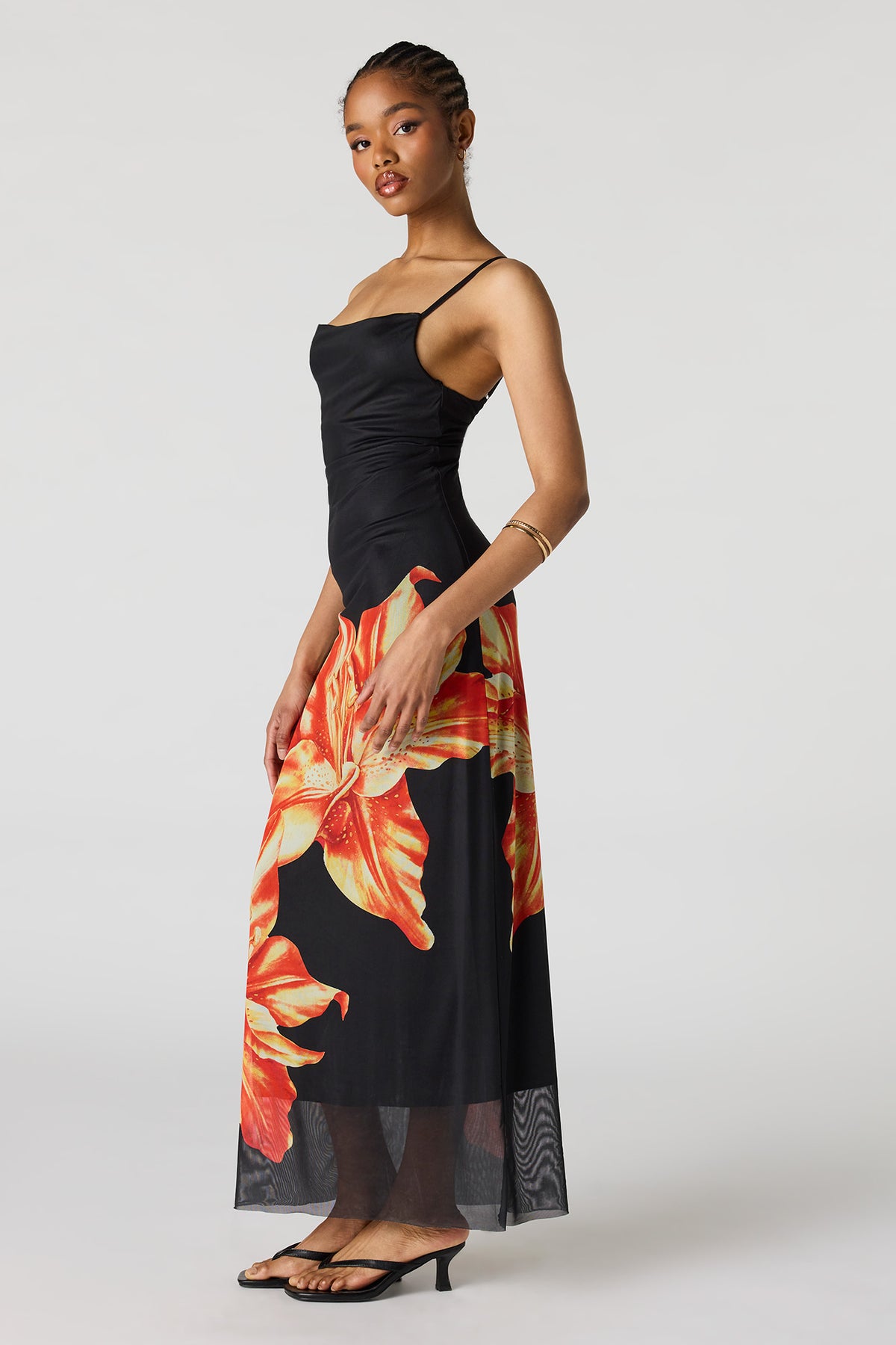 Alt View 2. Floral Print Mesh Maxi Dress - Black