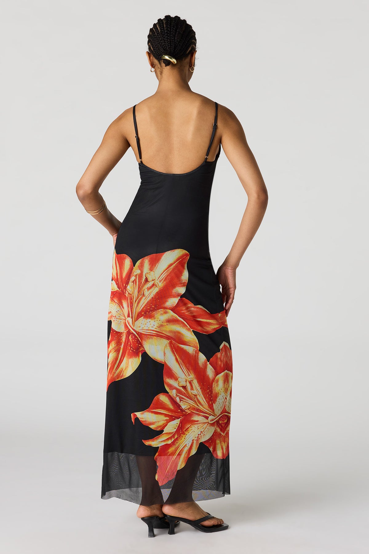 Alt View 3. Floral Print Mesh Maxi Dress - Black