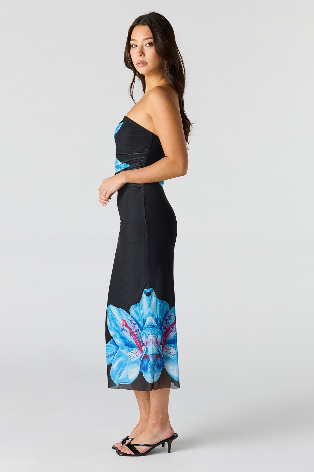 Floral Printed Ruched Mesh Midi Dress  Urban Planet