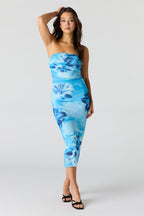 Floral Printed Ruched Mesh Midi Dress
