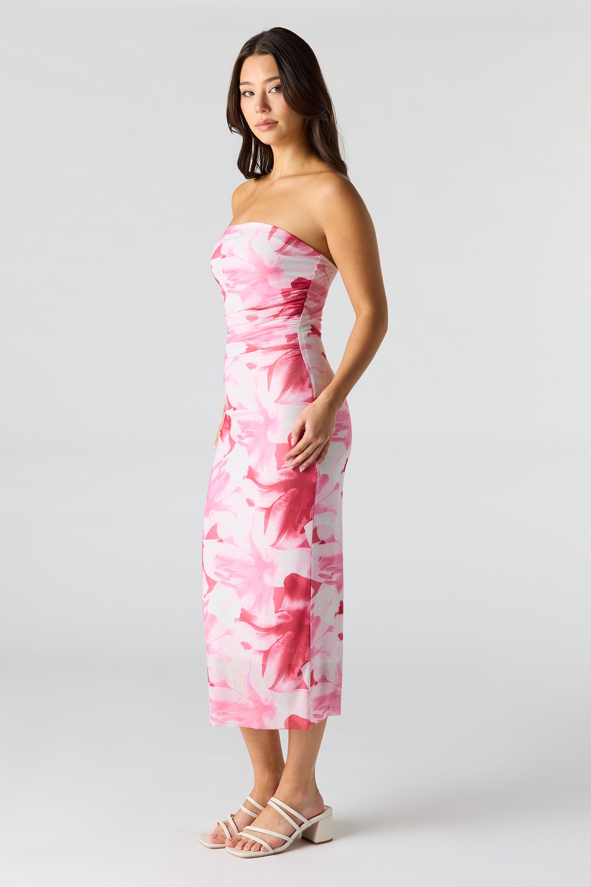 Alt View 2. Floral Printed Ruched Mesh Midi Dress - Pink