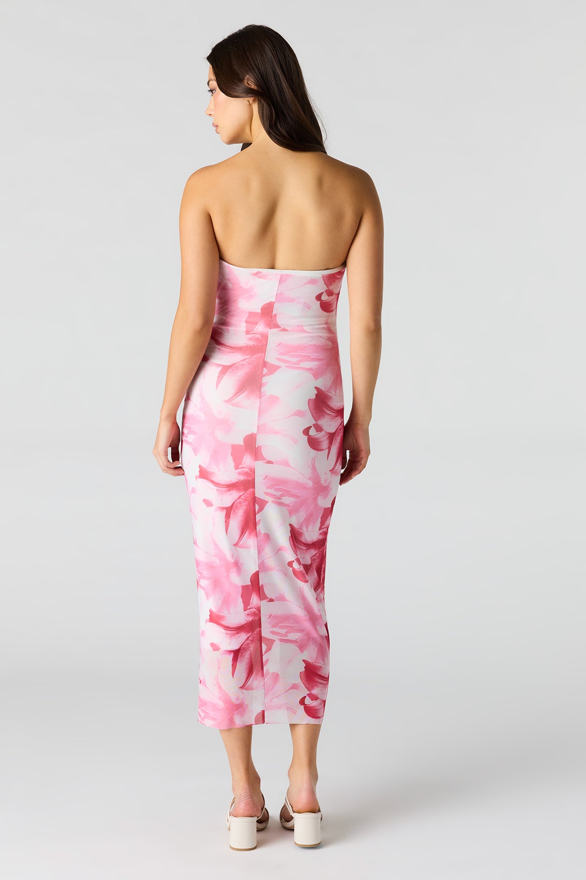 Alt View 3. Floral Printed Ruched Mesh Midi Dress - Pink