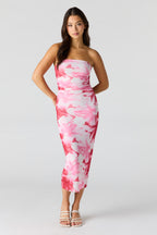 Floral Printed Ruched Mesh Midi Dress
