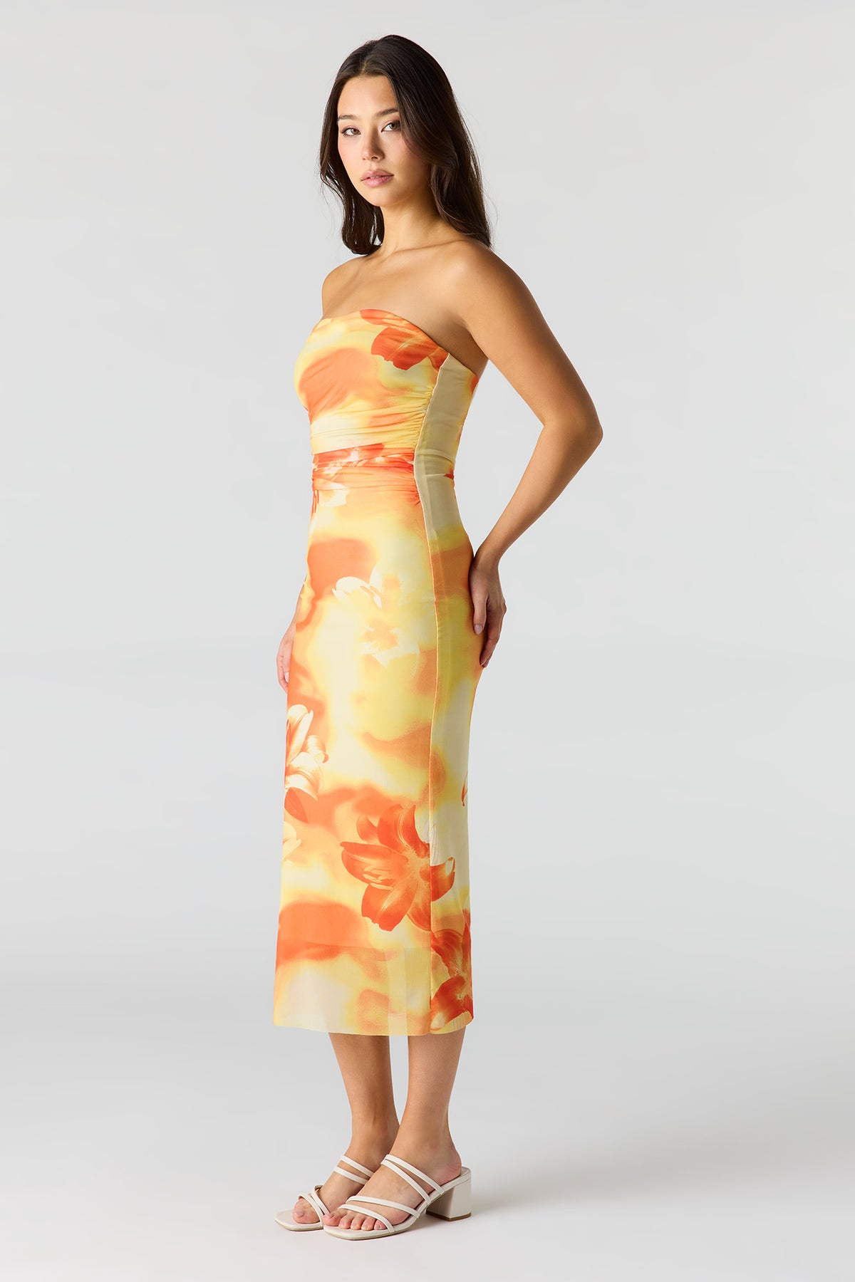 Alt View 2. Floral Printed Ruched Mesh Midi Dress - Yellow