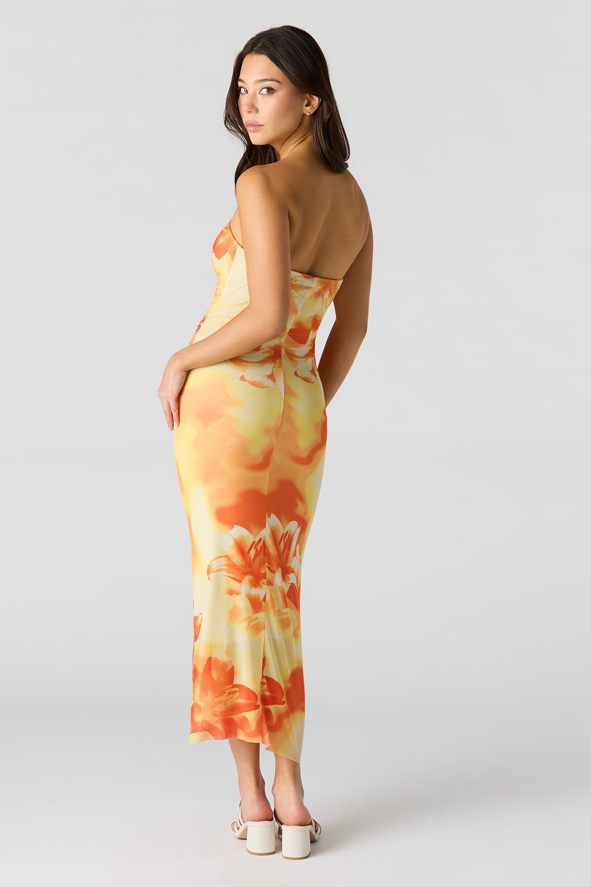 Alt View 3. Floral Printed Ruched Mesh Midi Dress - Yellow