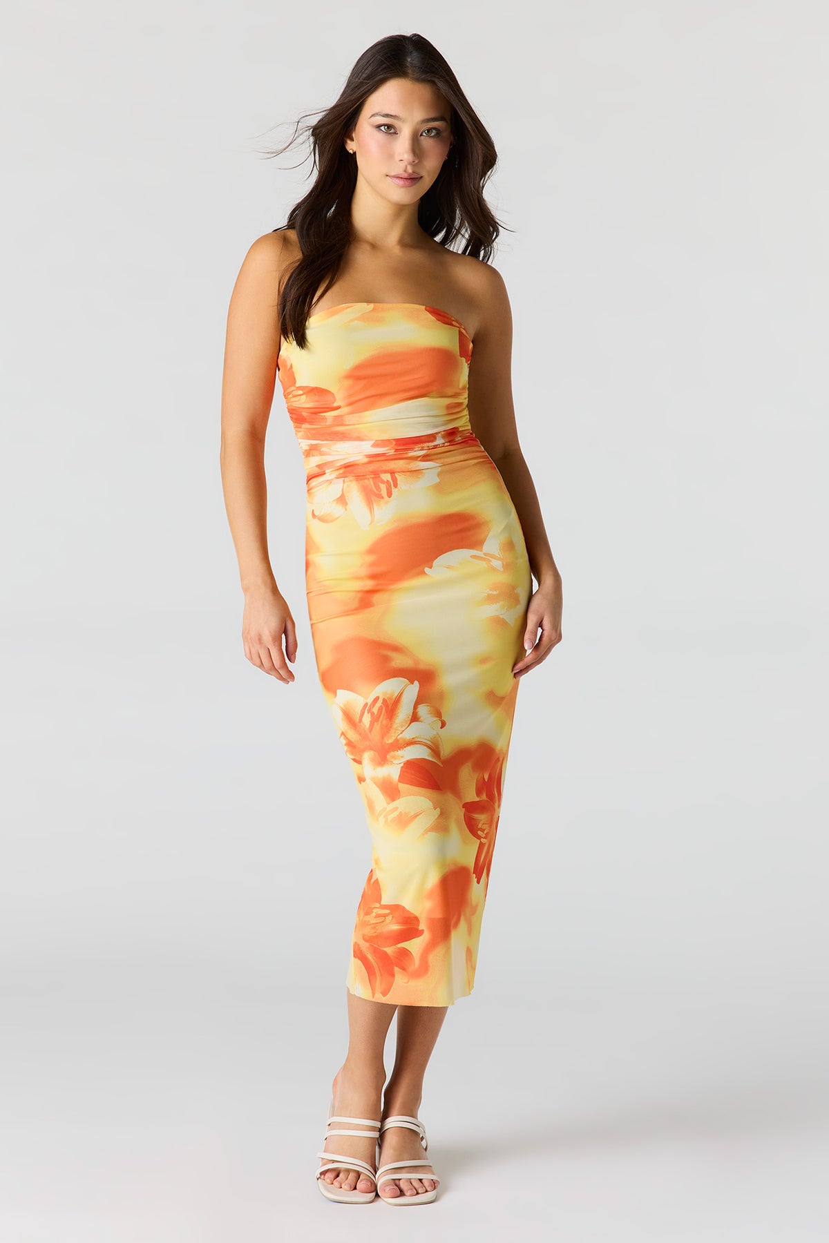 Floral Printed Ruched Mesh Midi Dress - Yellow