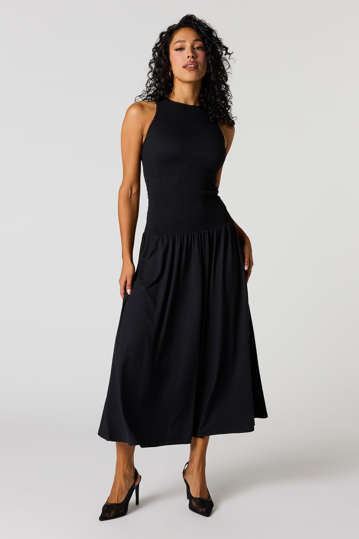 Smocked Drop Waist Maxi Dress - Black