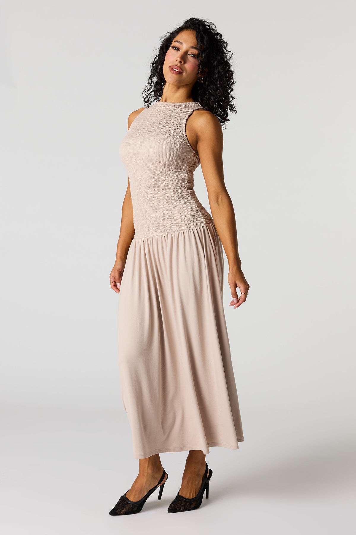 Alt View 2. Smocked Drop Waist Maxi Dress - Tan