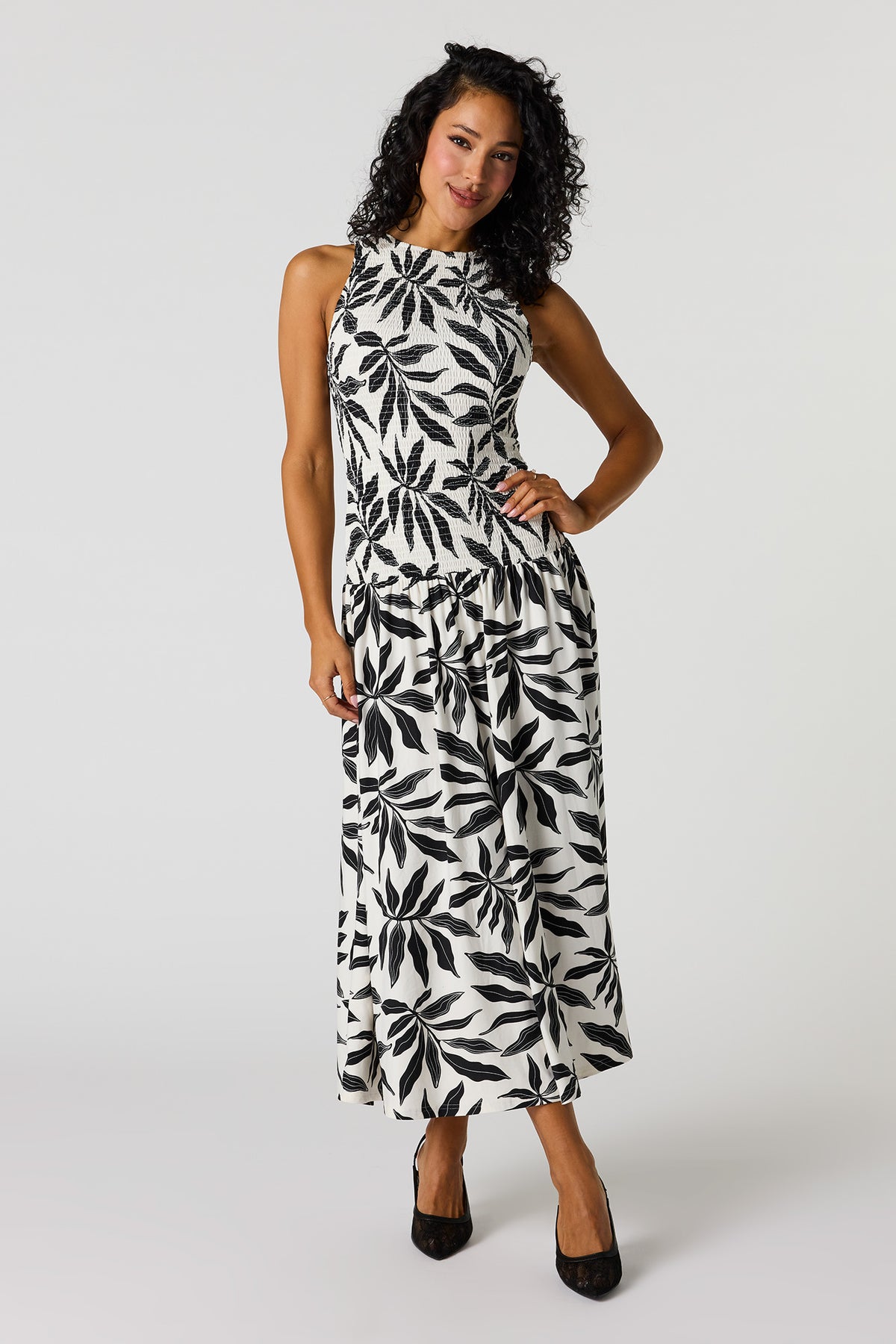 Smocked Drop Waist Maxi Dress - Black with White
