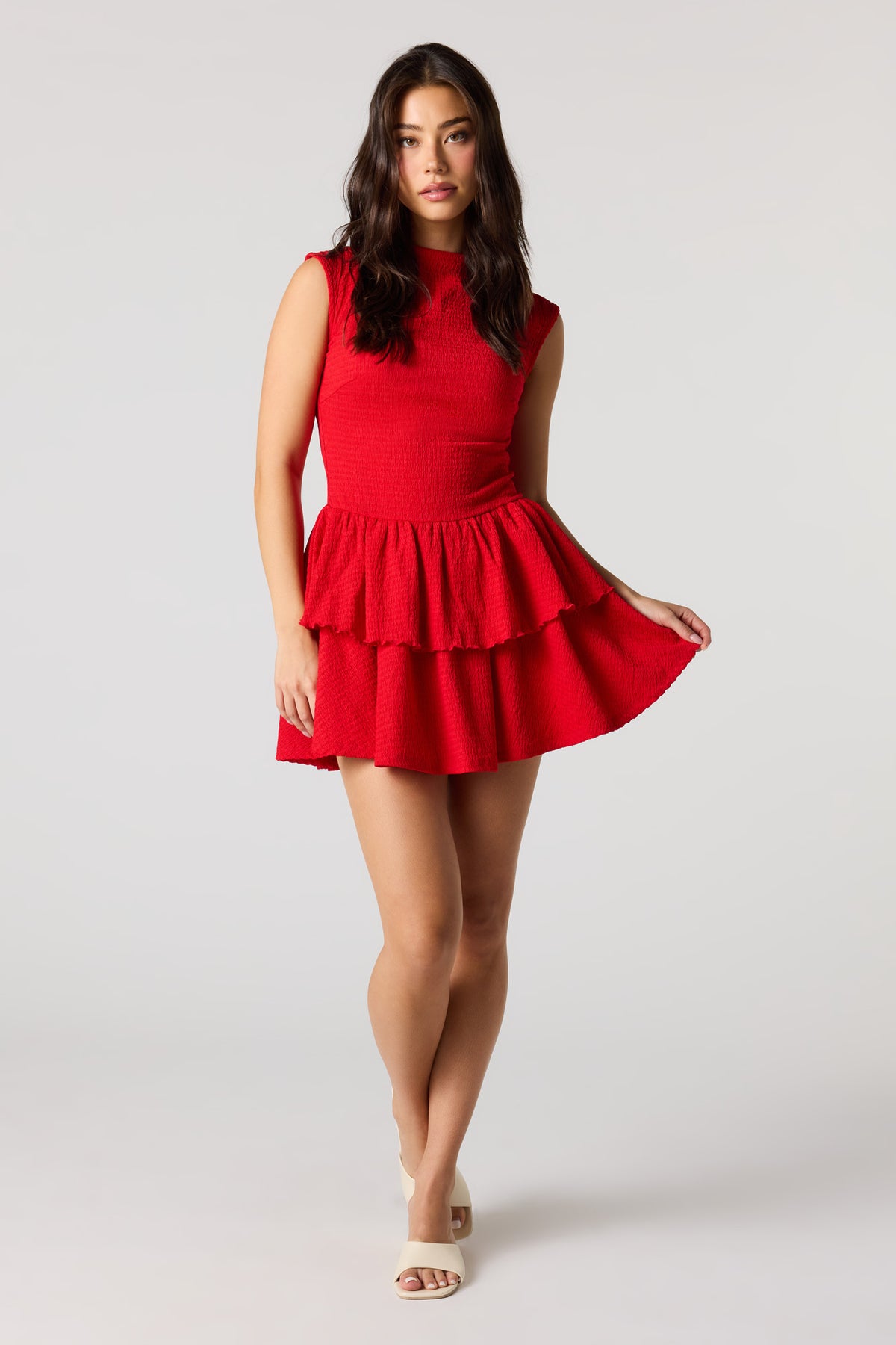 Alt View 3. Jacquard Knit Tiered Ruffled Mini Dress - Red