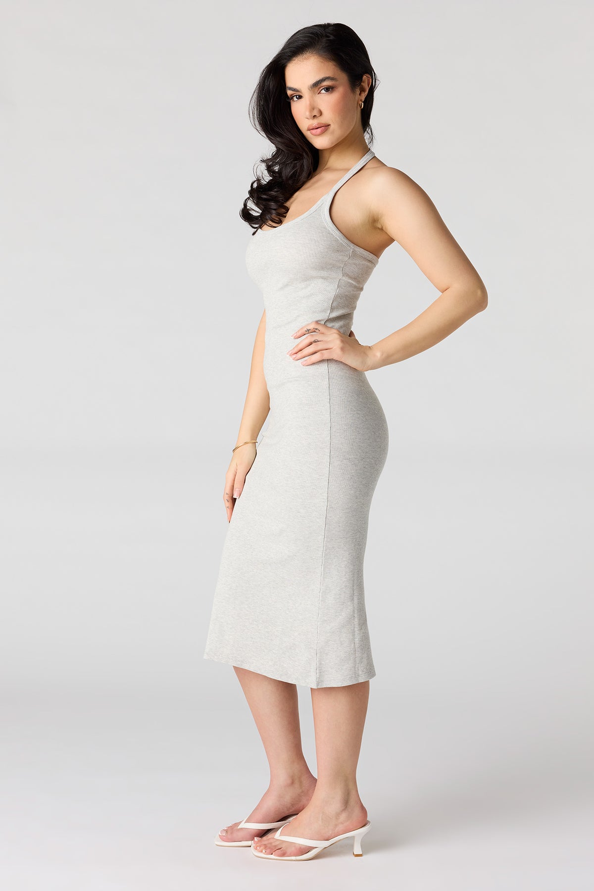 Alt View 3. Ribbed Bodycon Halter Dress - Heather Grey