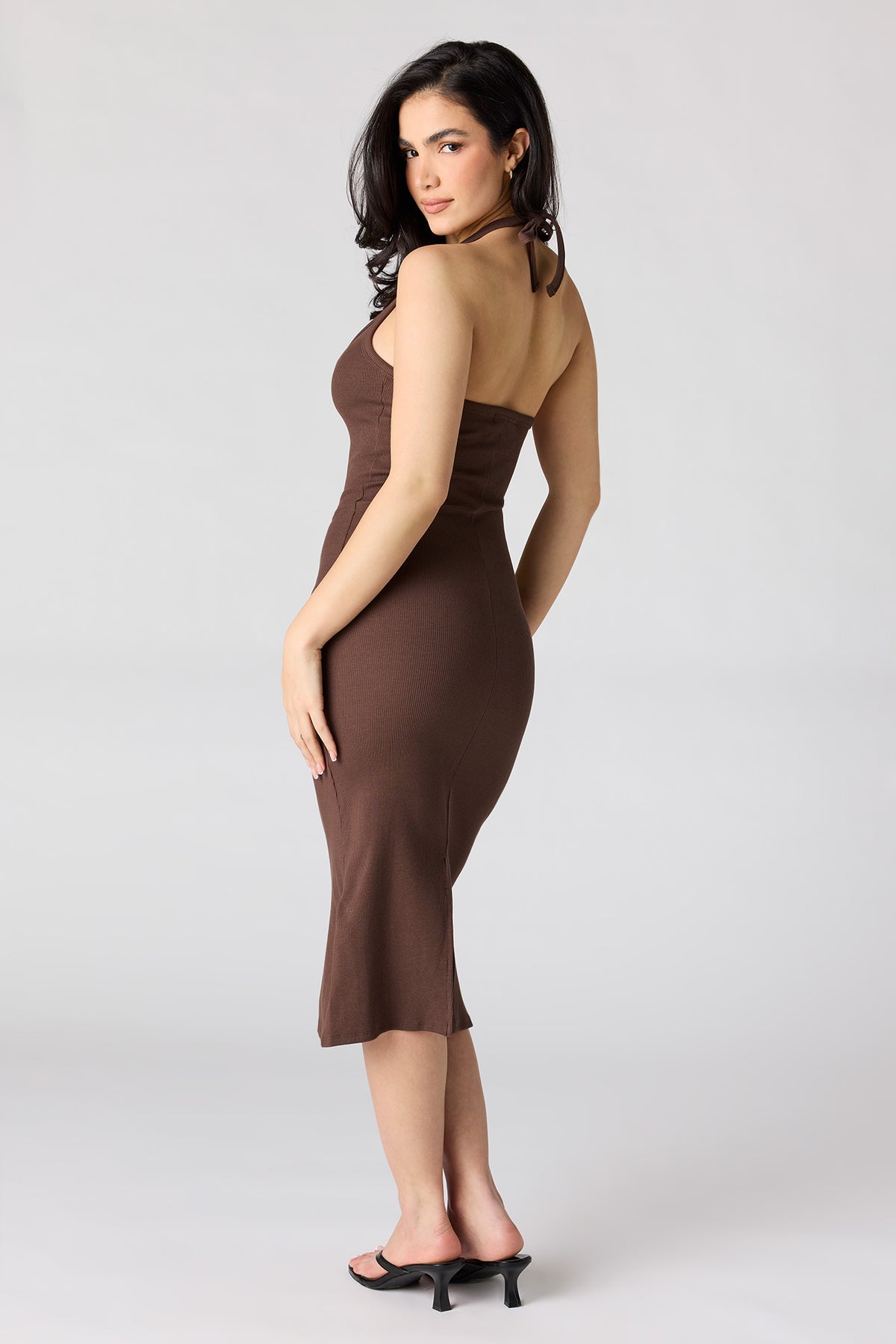 Alt View 3. Ribbed Bodycon Halter Dress - Brown