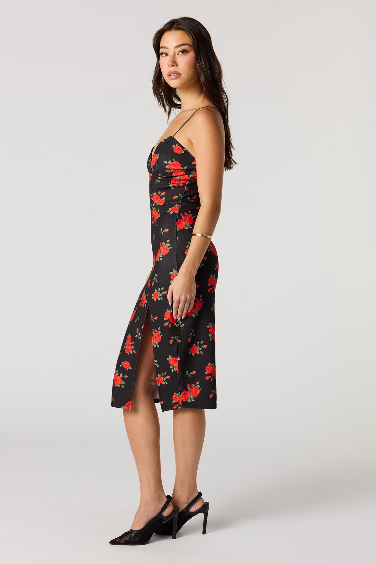 Alt View 3. Crepe Fitted Slit Braless Midi Dress - Black