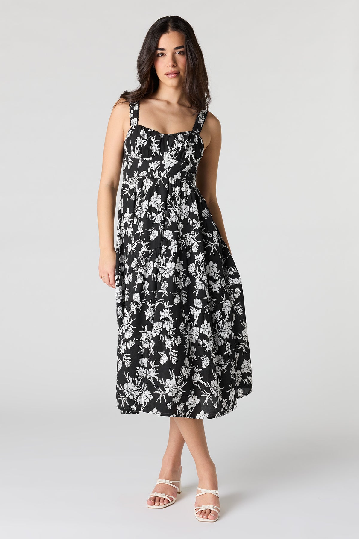 Sweetheart Neck Midi Dress - Black with White