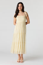 Robe midi volantée smockée en chiffon