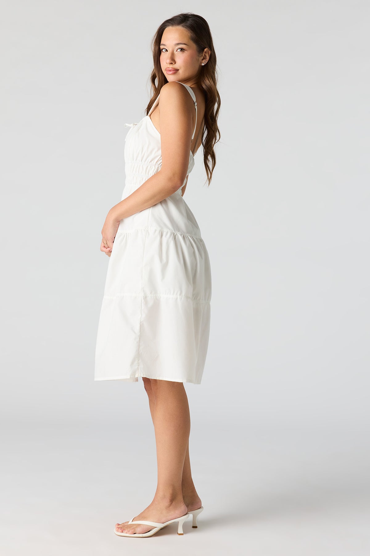 Alt View 2. Poplin Ruched Tiered Midi Dress - White