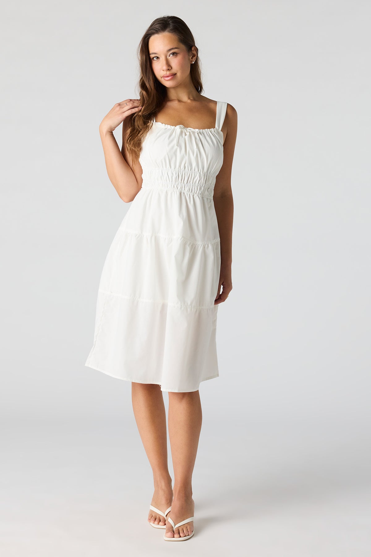 Poplin Ruched Tiered Midi Dress - White