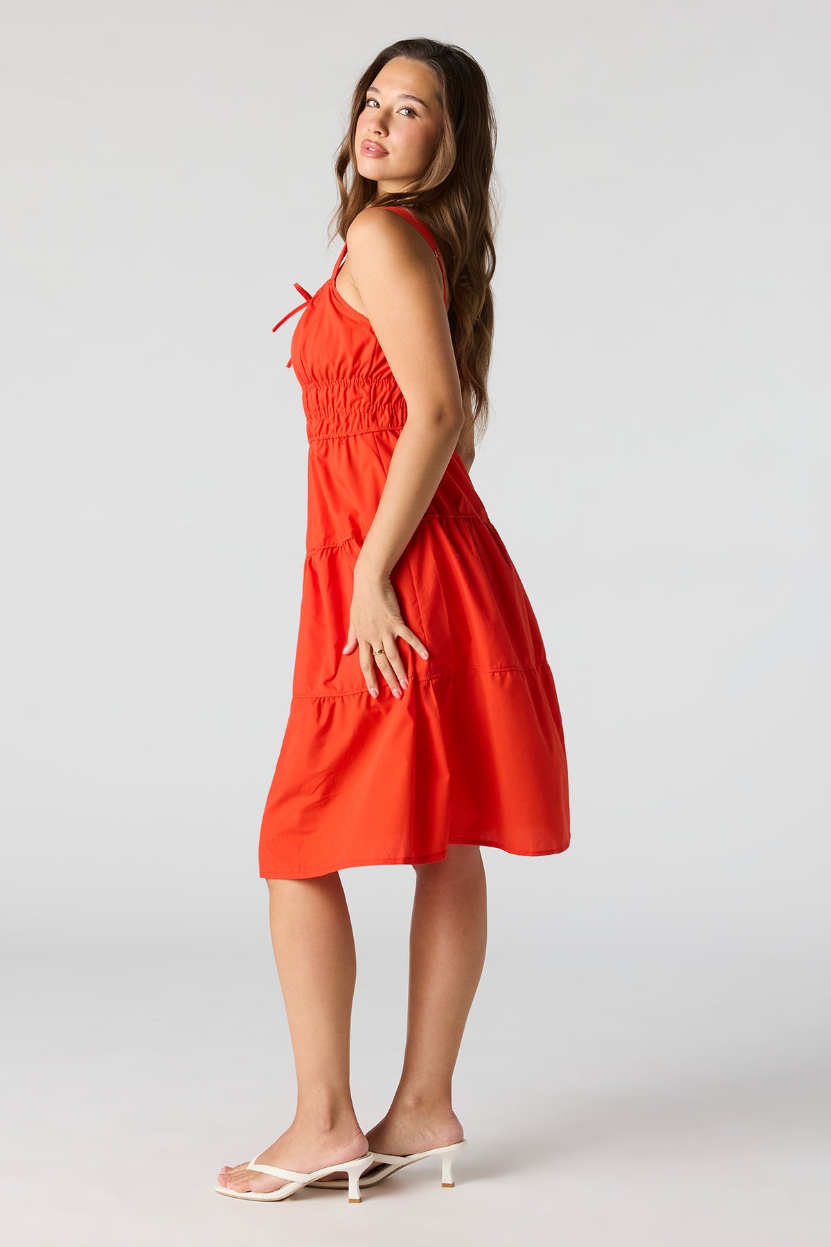 Alt View 2. Poplin Ruched Tiered Midi Dress - Red
