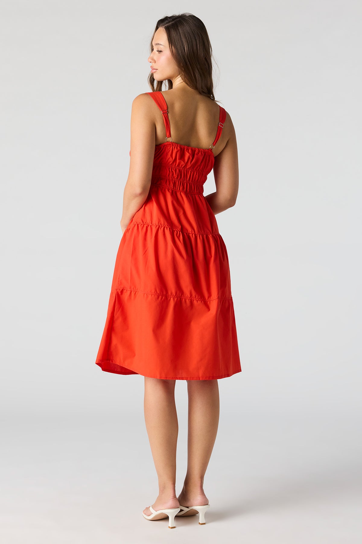Alt View 3. Poplin Ruched Tiered Midi Dress - Red