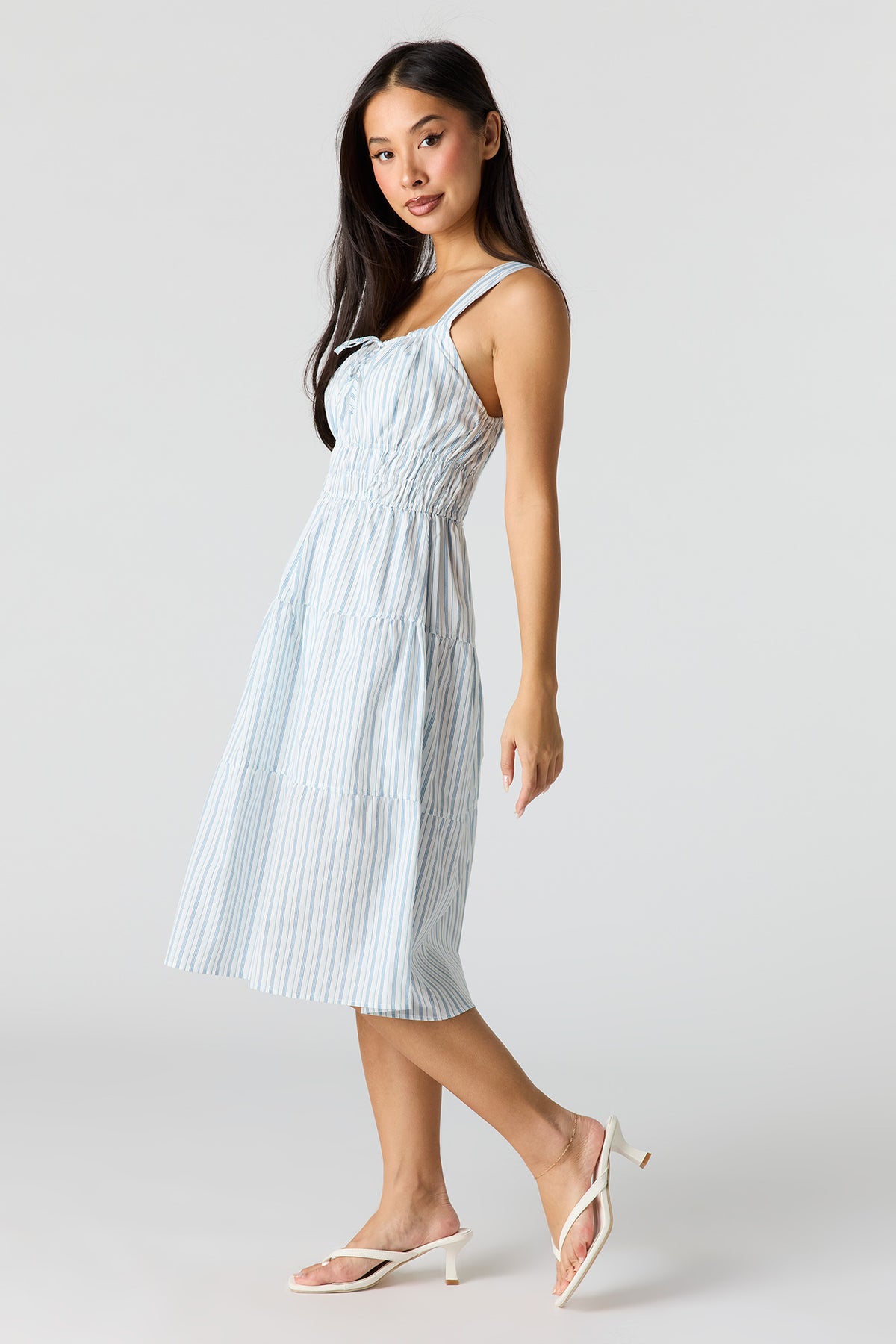 Alt View 2. Poplin Ruched Tiered Midi Dress - Blue