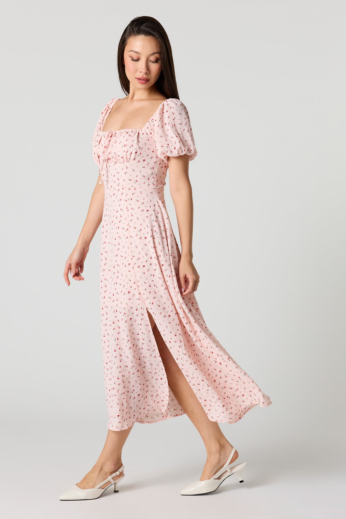 Vue alternative 2. Robe midi fleurie avec manches bouffantes