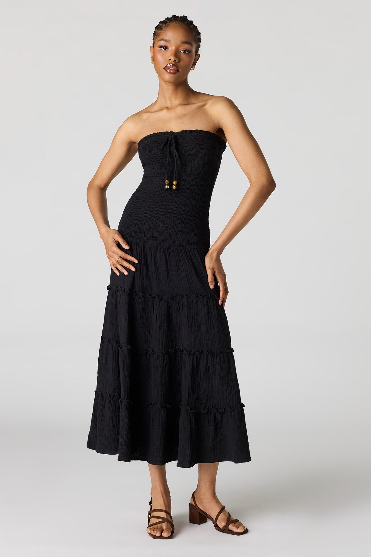 Smocked Tube Midi Dress - Black