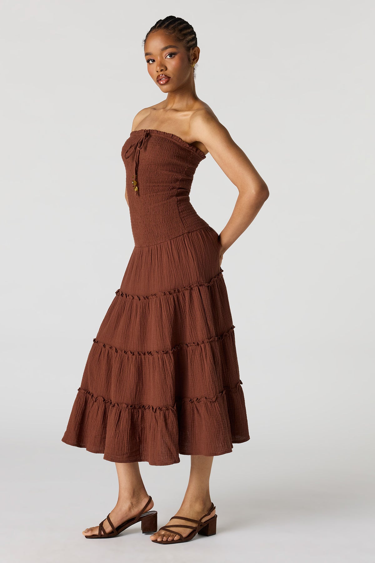 Alt View 2. Smocked Tube Midi Dress - Brown