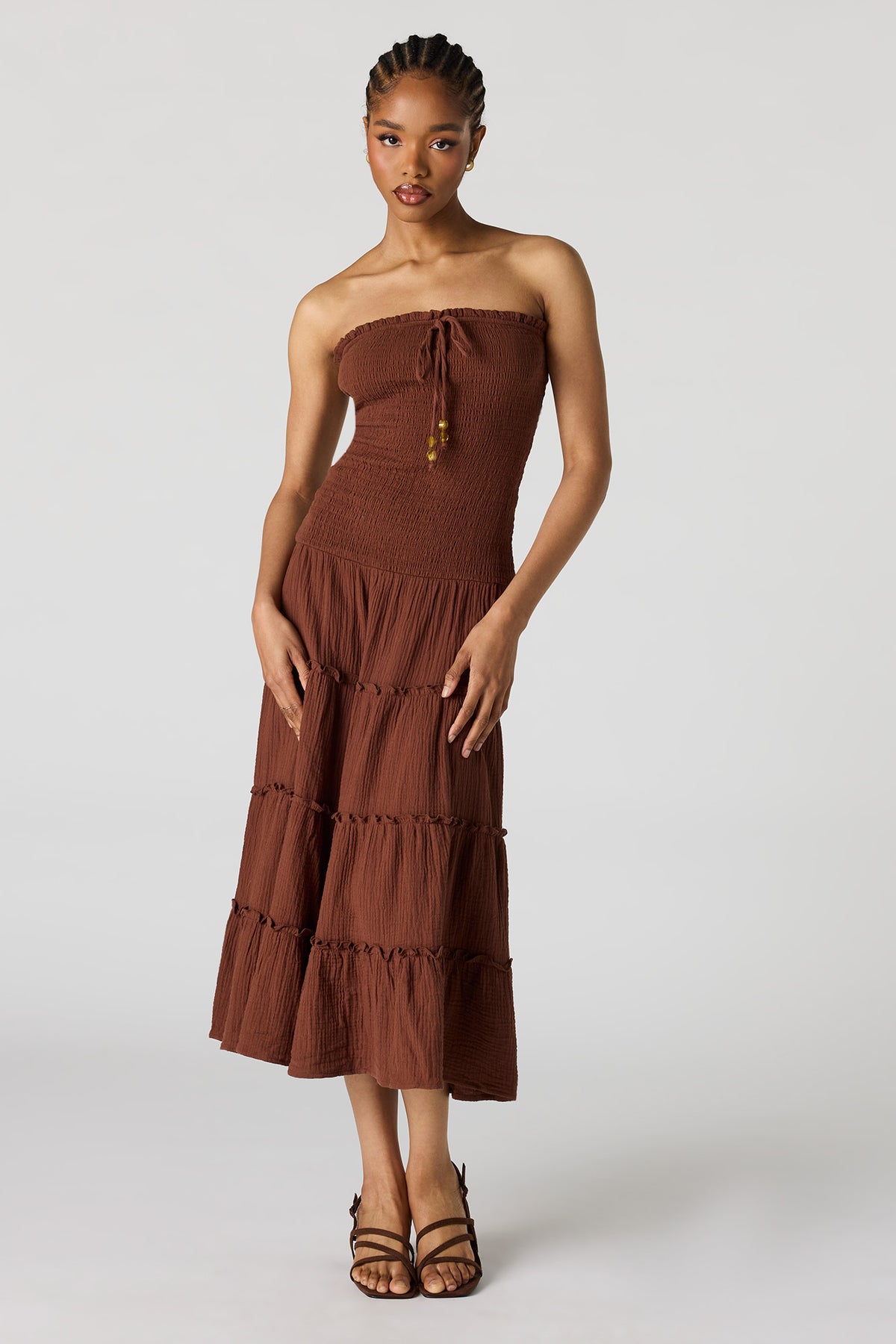 Smocked Tube Midi Dress - Brown
