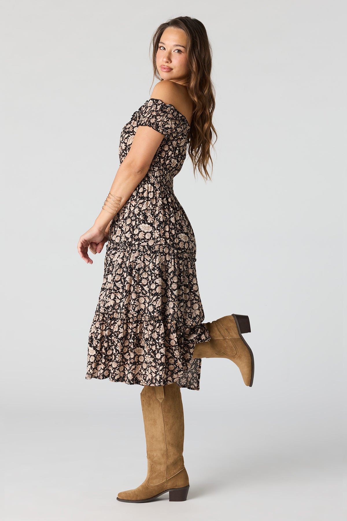 Alt View 2. Printed Off Shoulder Tiered Midi Dress - Dark Grey