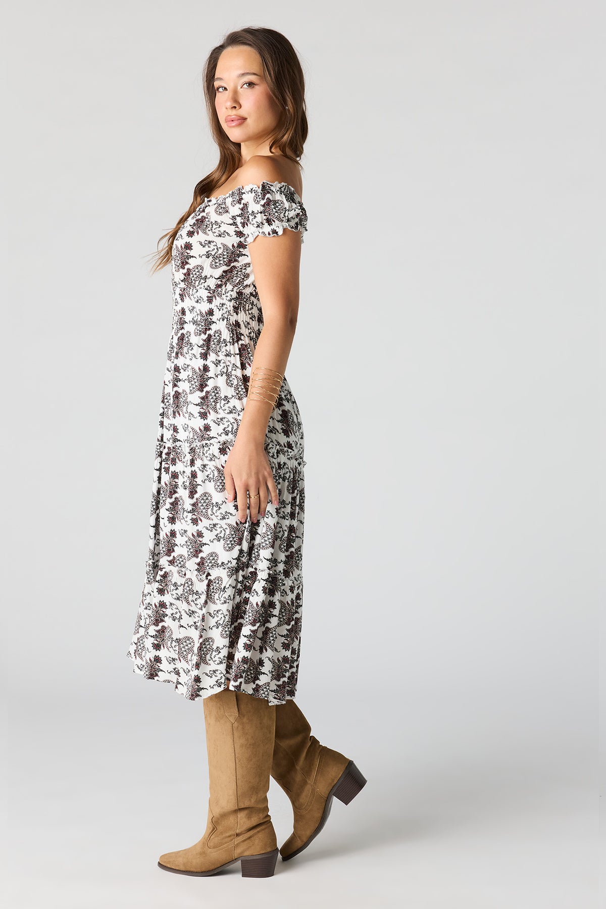 Alt View 2. Printed Off Shoulder Tiered Midi Dress - White
