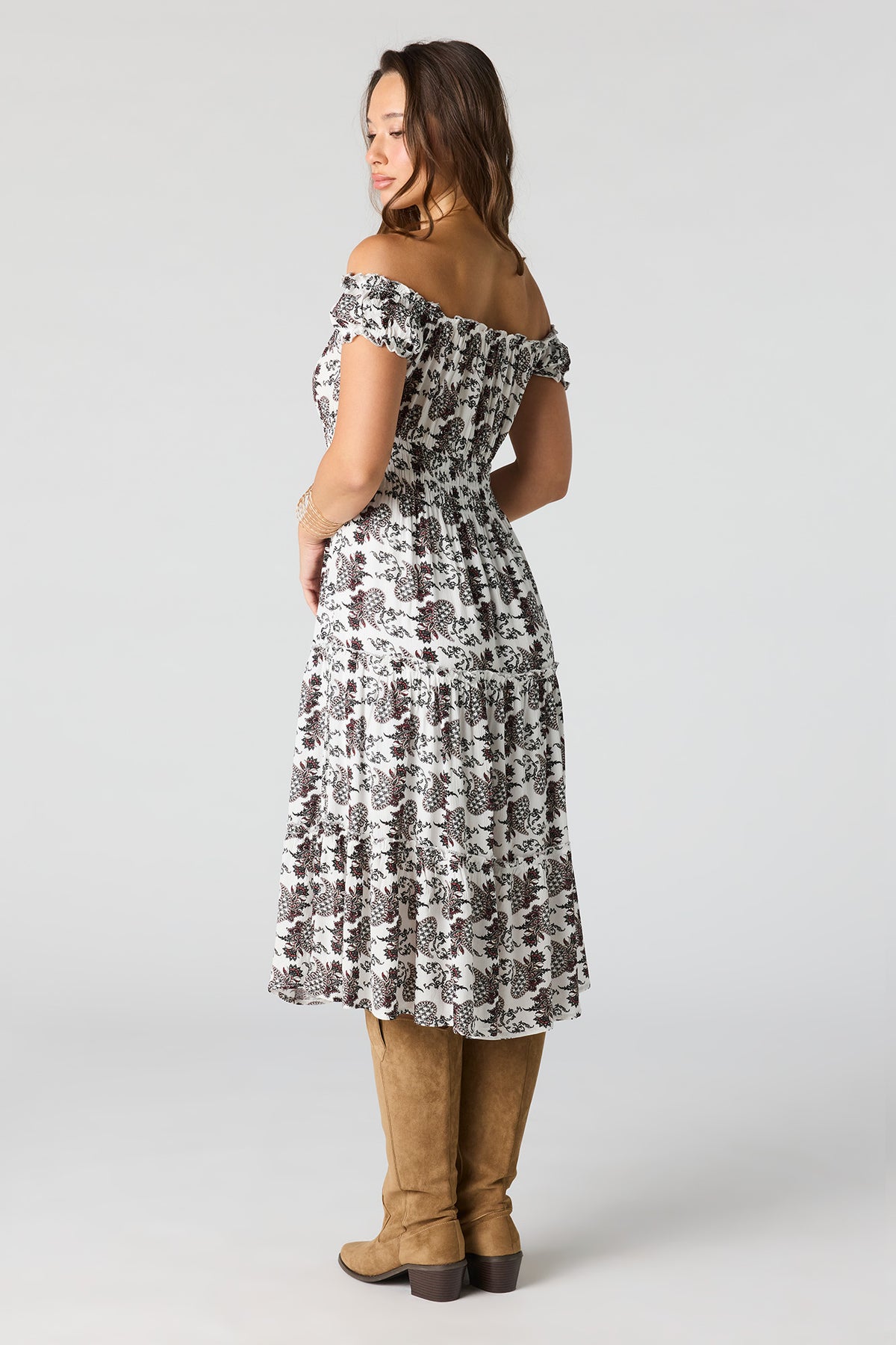 Alt View 3. Printed Off Shoulder Tiered Midi Dress - White