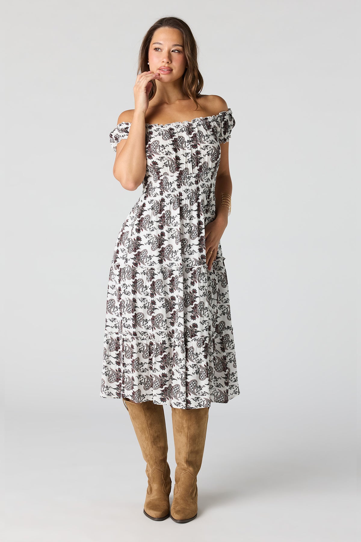 Printed Off Shoulder Tiered Midi Dress - White