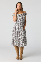 Printed Off Shoulder Tiered Midi Dress