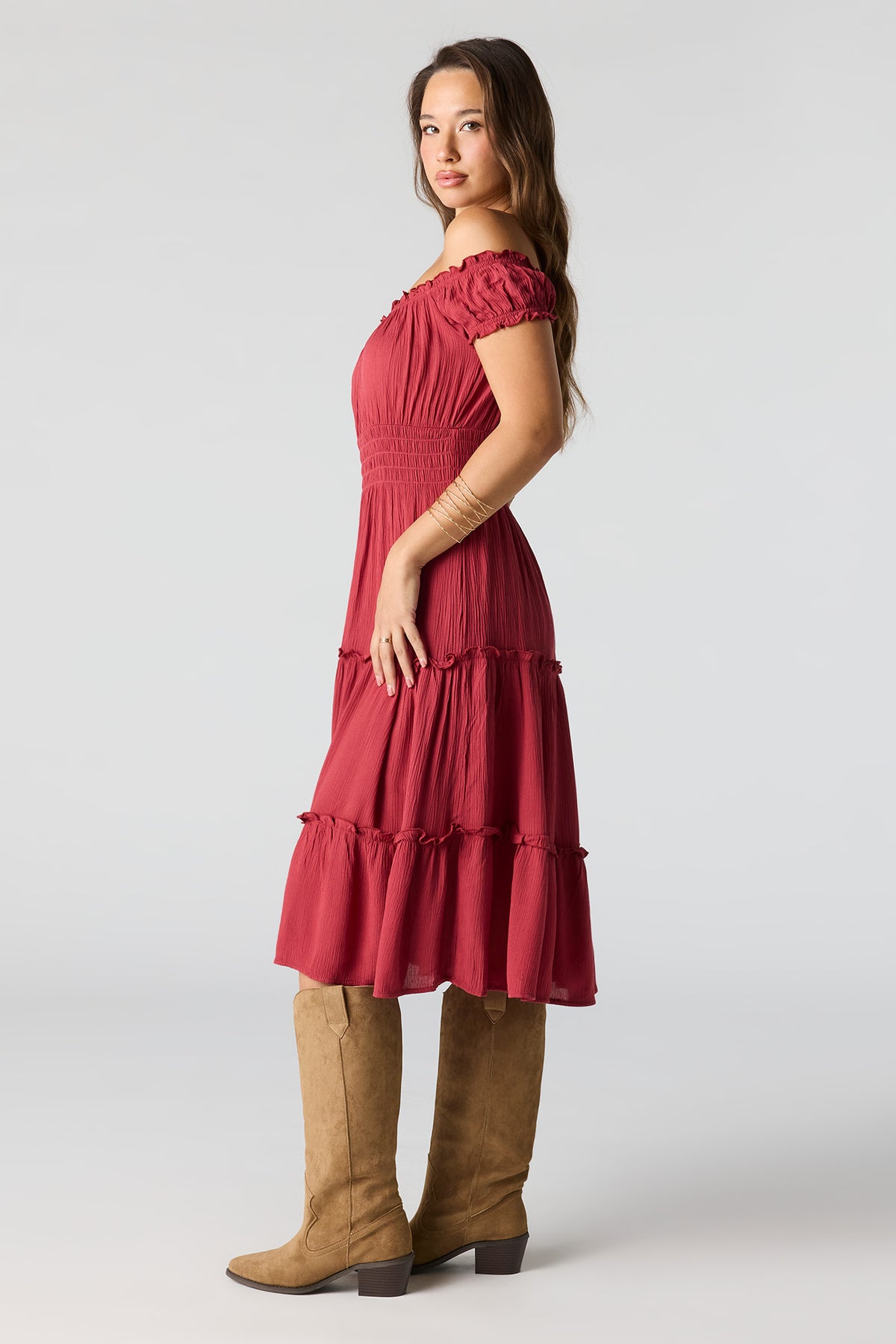 Alt View 2. Printed Off Shoulder Tiered Midi Dress - Rust