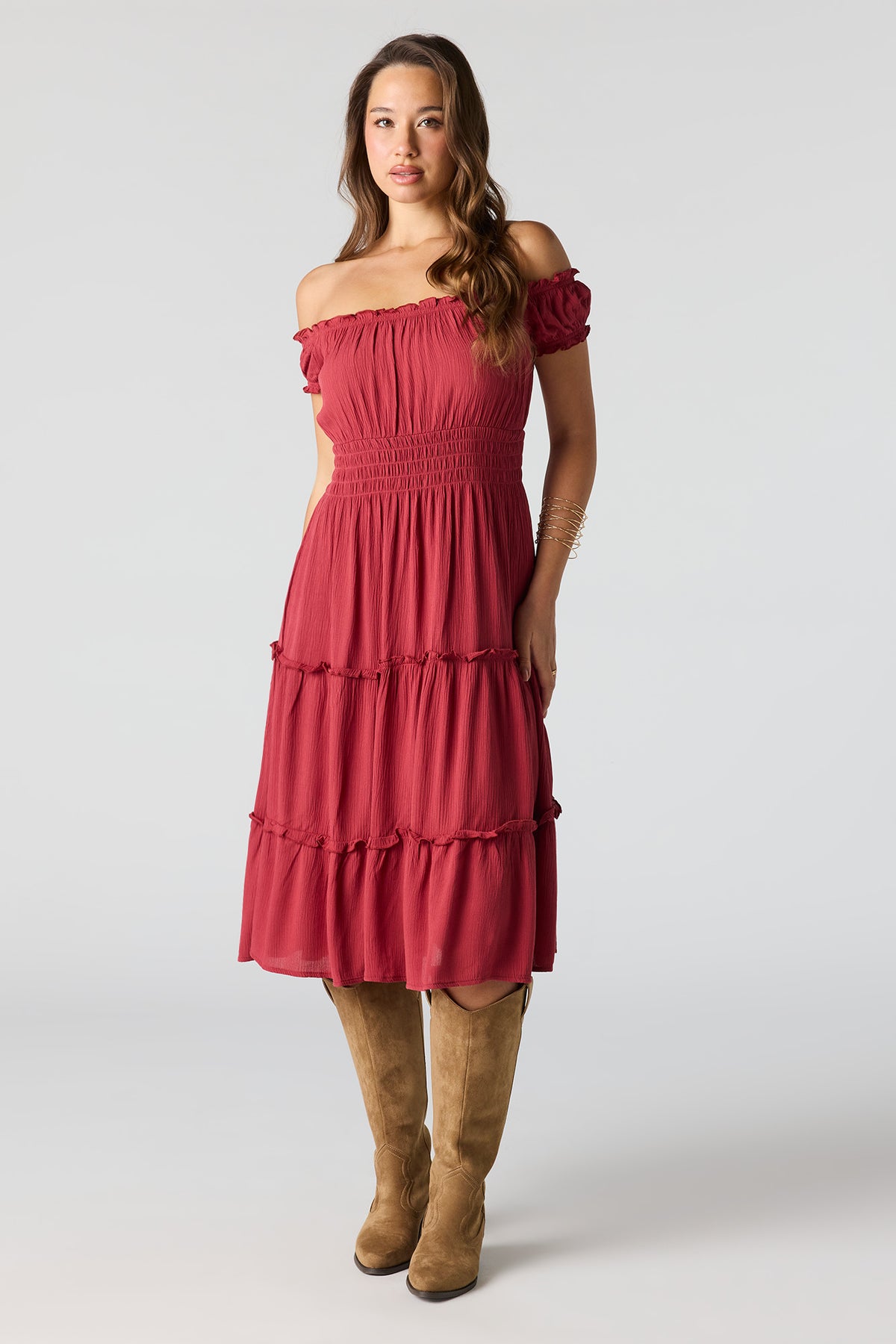 Printed Off Shoulder Tiered Midi Dress - Rust