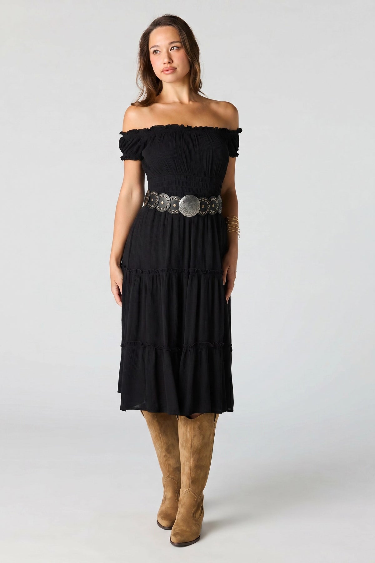 Printed Off Shoulder Tiered Midi Dress - Black