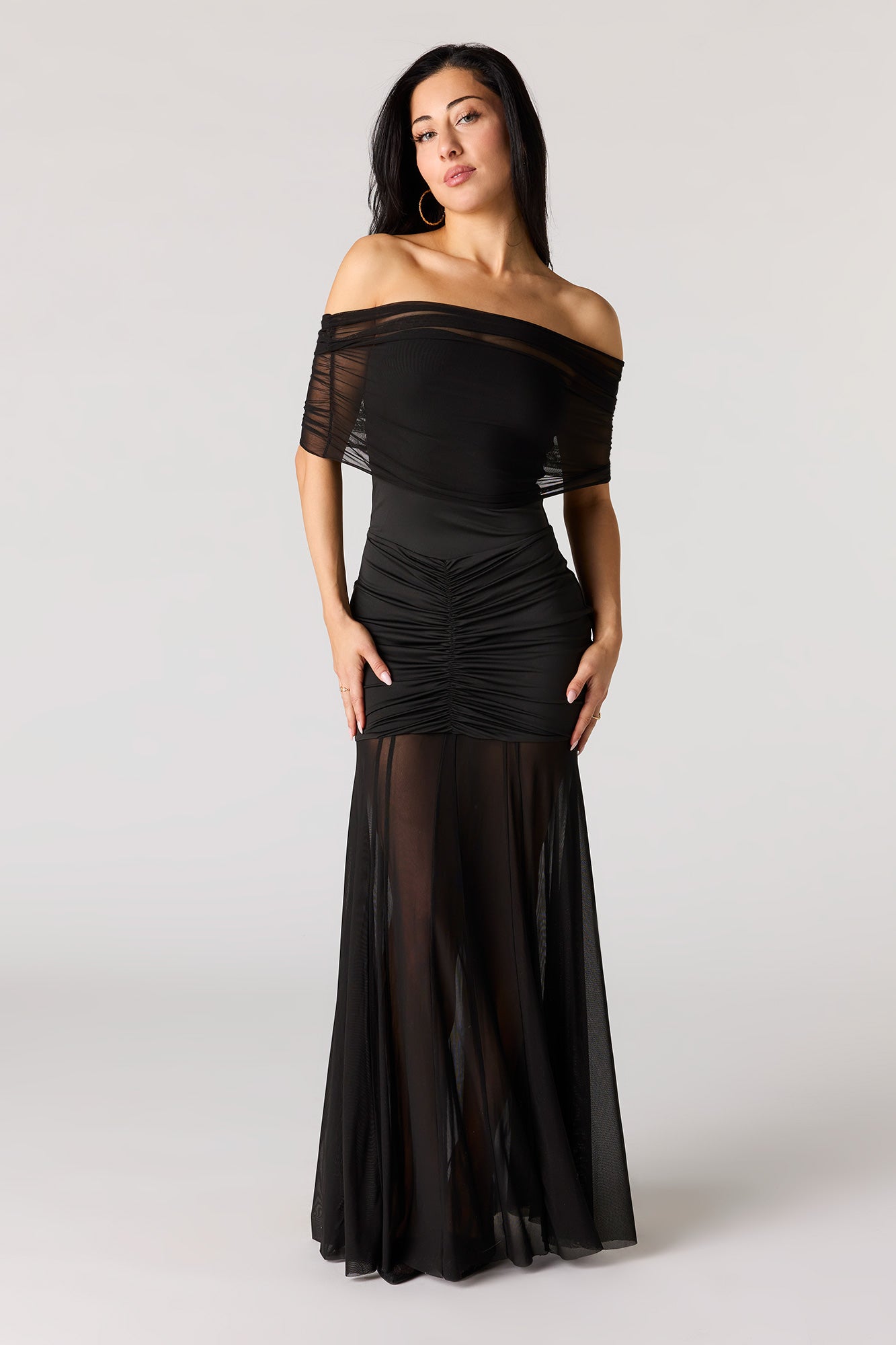 knee length dresses for ladies Off Shoulder Mesh See Through Ruched Bodycon Dress, Pink / Xs main image 1