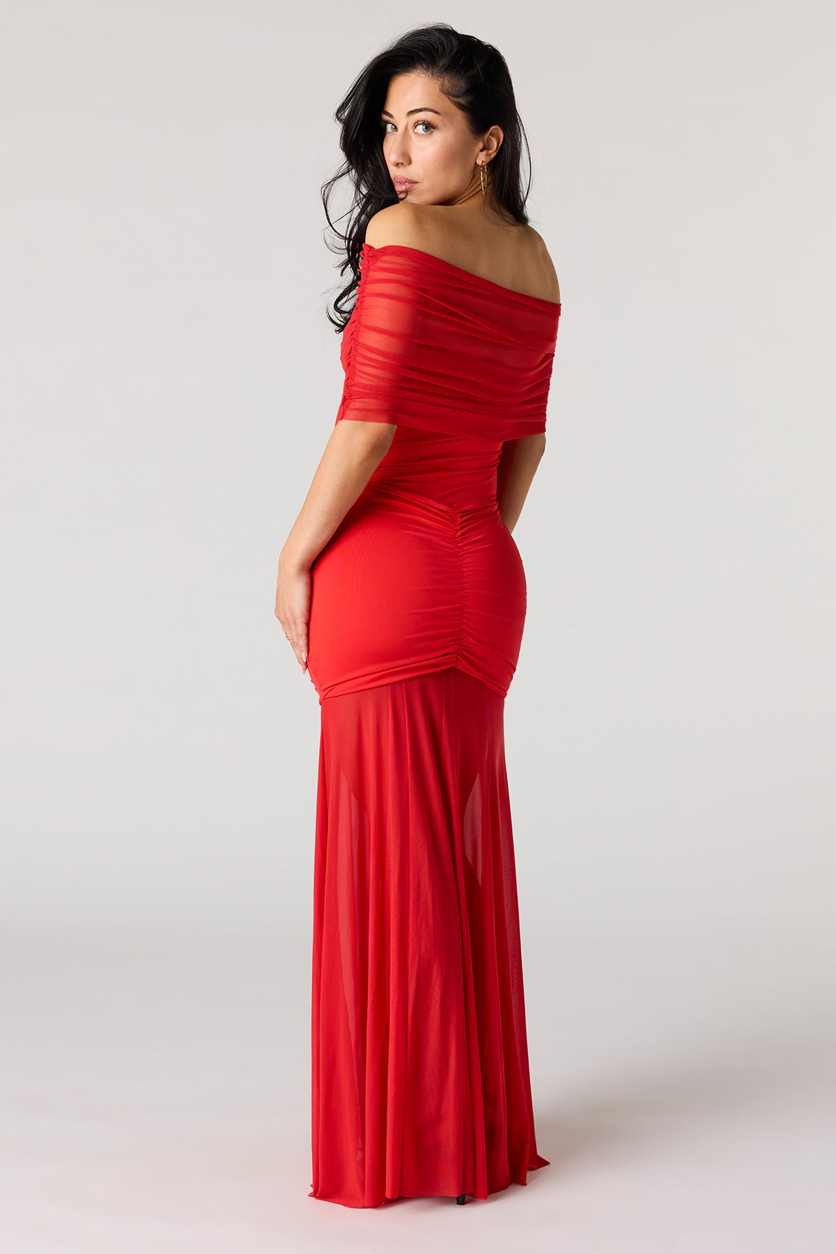 Mesh Ruched Off Shoulder Maxi Dress – Urban Planet