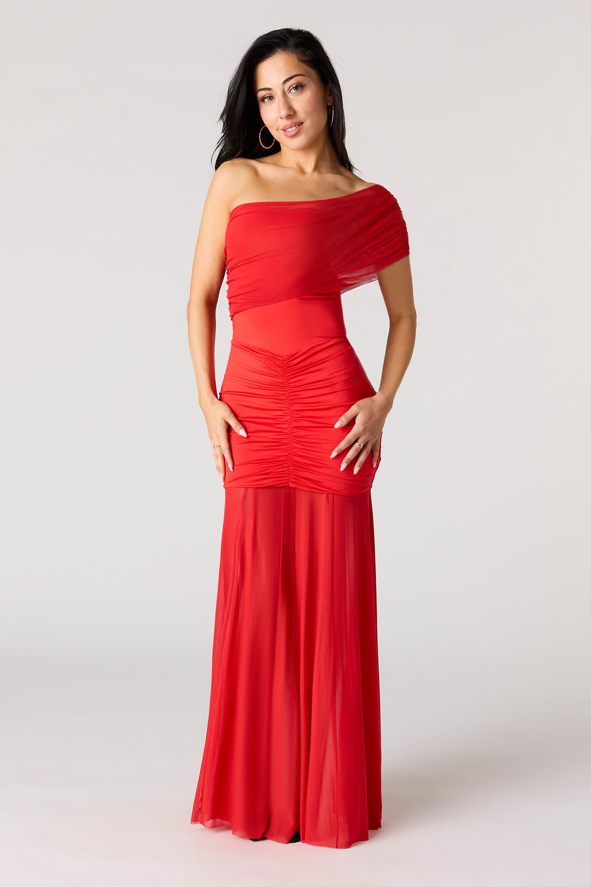 chinese dress ladies Mesh Ruched Off Shoulder Maxi Dress – Urban Planet