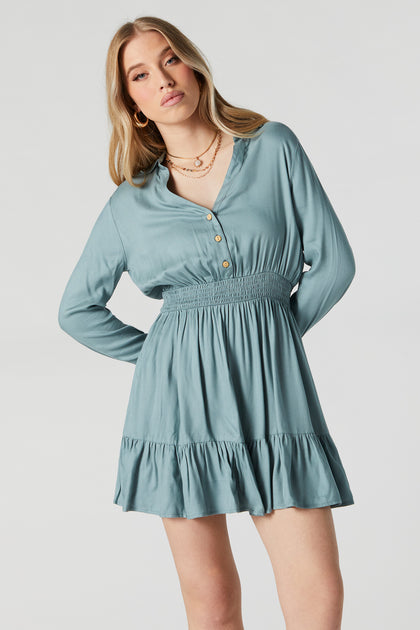 Collared Button-Up Long Sleeve Mini Dress