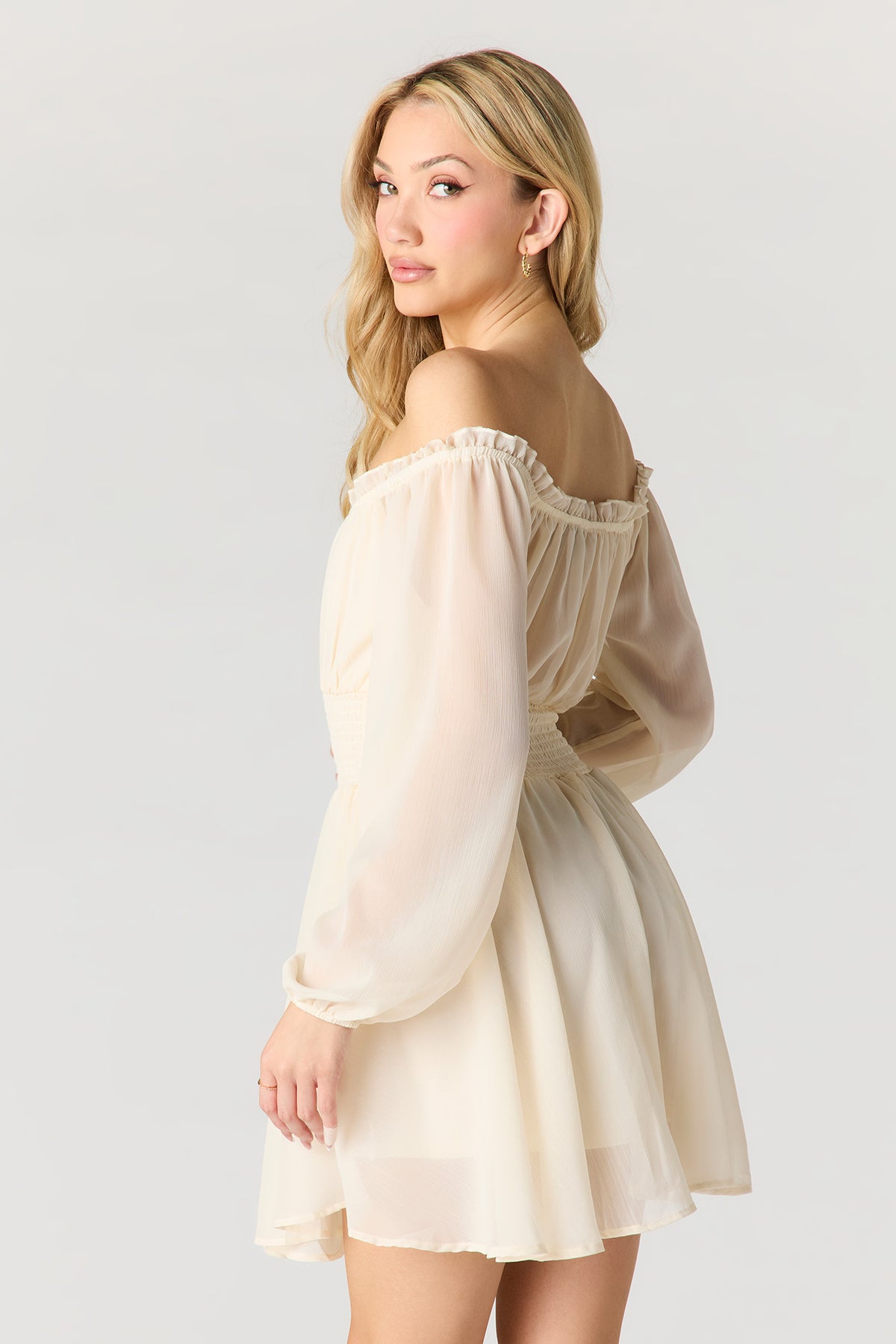 Alt View 2. Chiffon Off Shoulder Long Sleeve Mini Dress - White