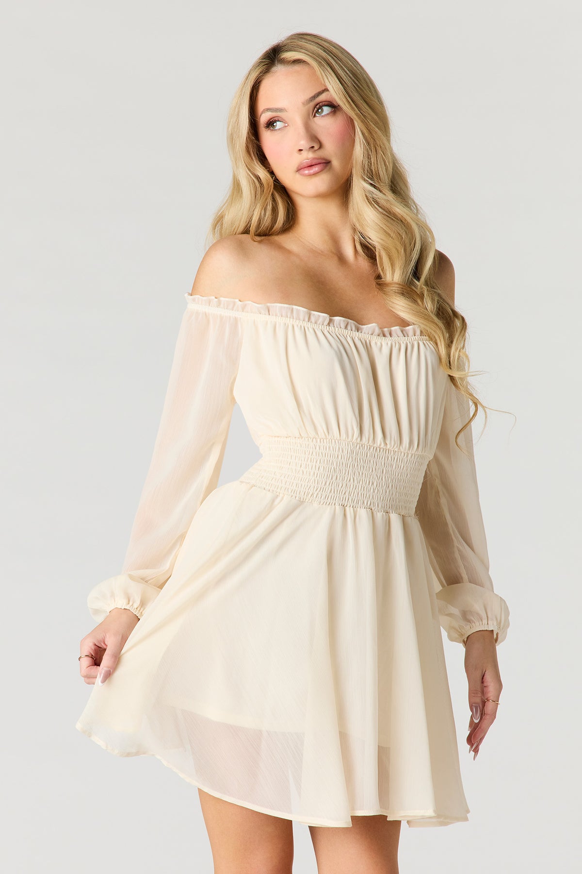 Chiffon Off Shoulder Long Sleeve Mini Dress - White