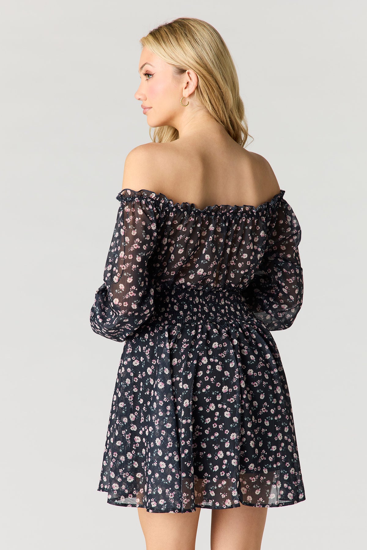 Alt View 2. Chiffon Off Shoulder Long Sleeve Mini Dress - Black