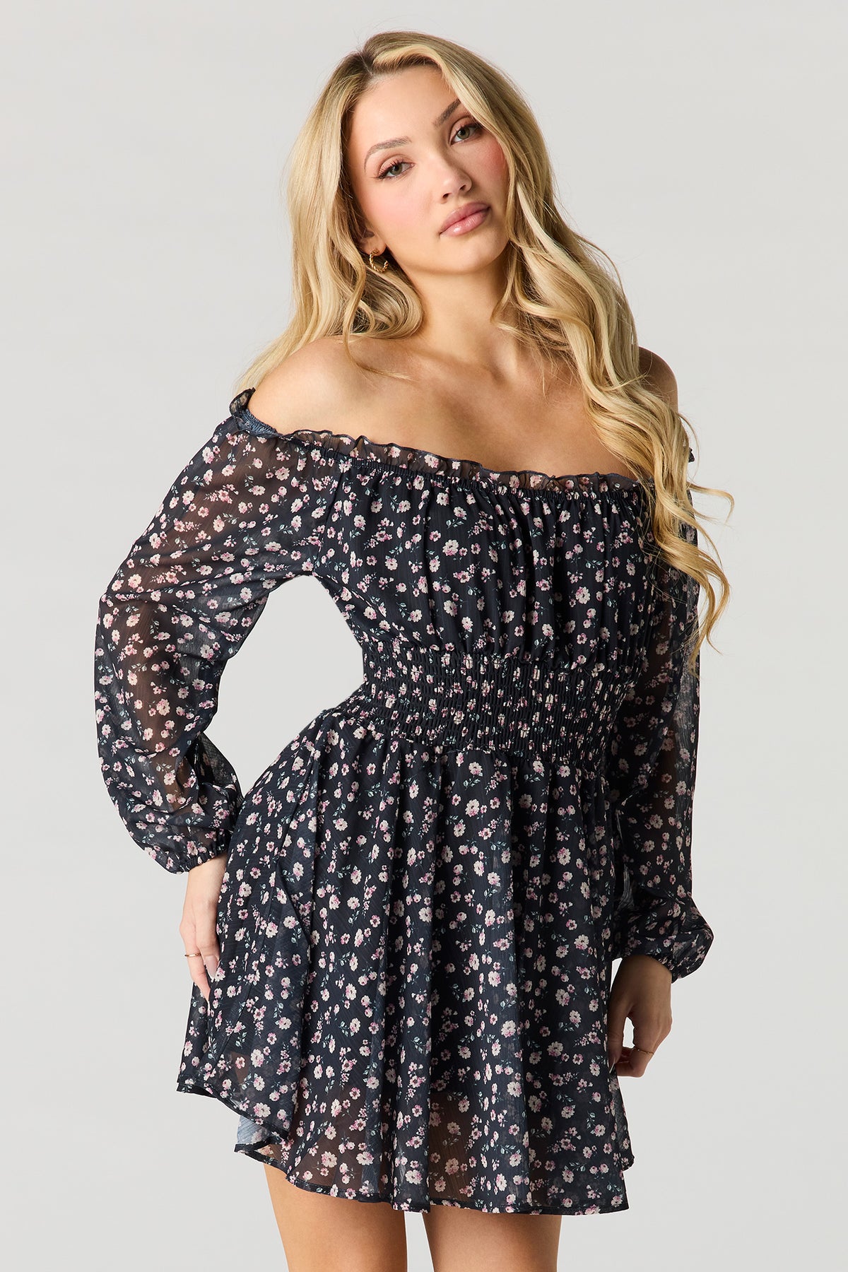 Chiffon Off Shoulder Long Sleeve Mini Dress - Black