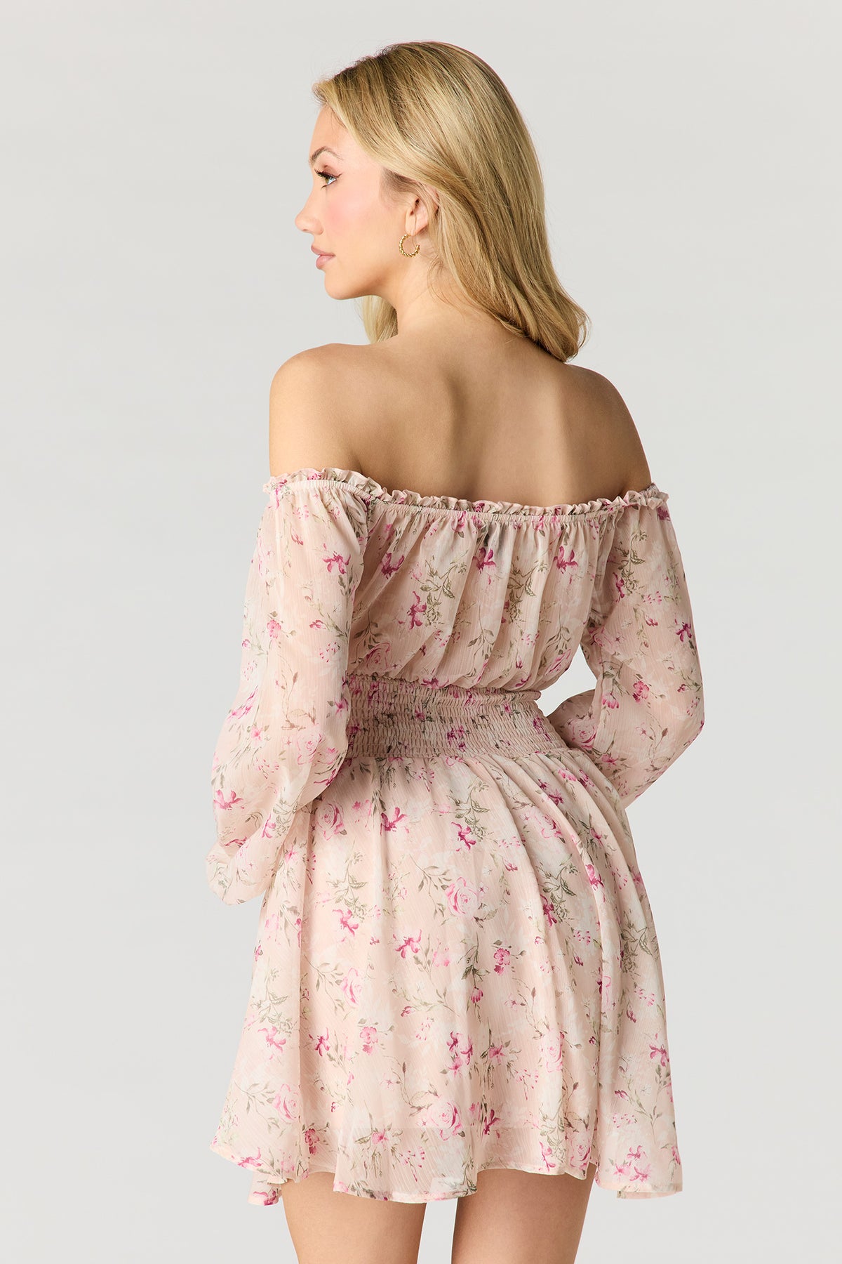 Alt View 2. Chiffon Off Shoulder Long Sleeve Mini Dress - Pink