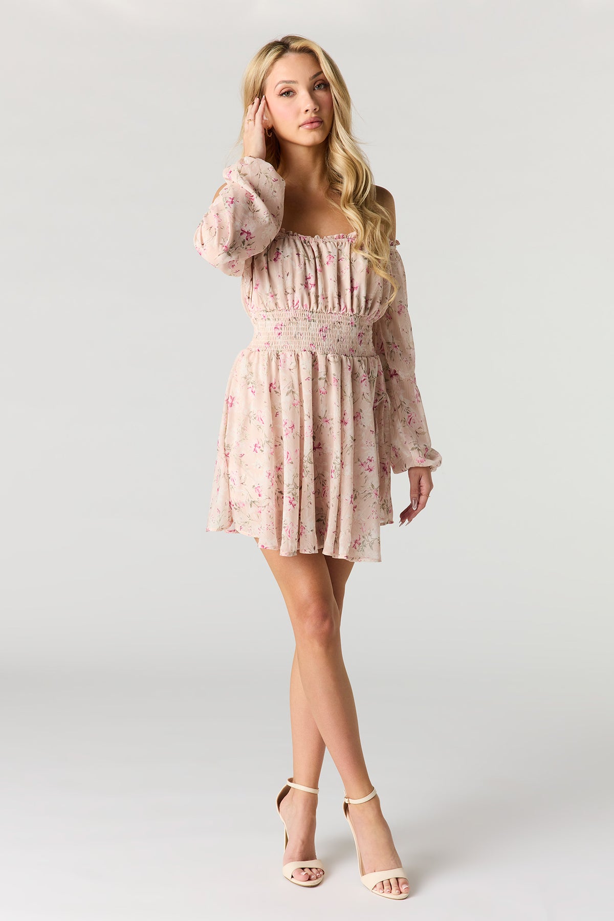 Alt View 3. Chiffon Off Shoulder Long Sleeve Mini Dress - Pink
