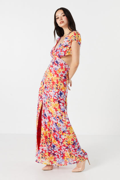 Red Floral V-Neck Cut-Out Maxi Dress