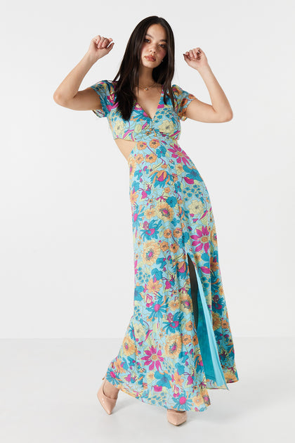 Blue Floral V-Neck Cut-Out Maxi Dress