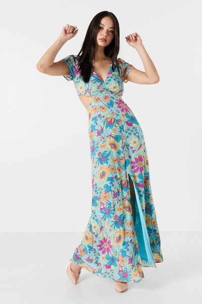 Women Turquoise Floral Waist Cut Out Maxi Dress