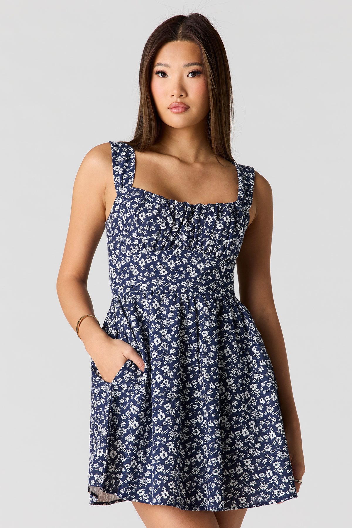 Alt View 7. Linen-Blend A-Line Mini Dress - Black with White